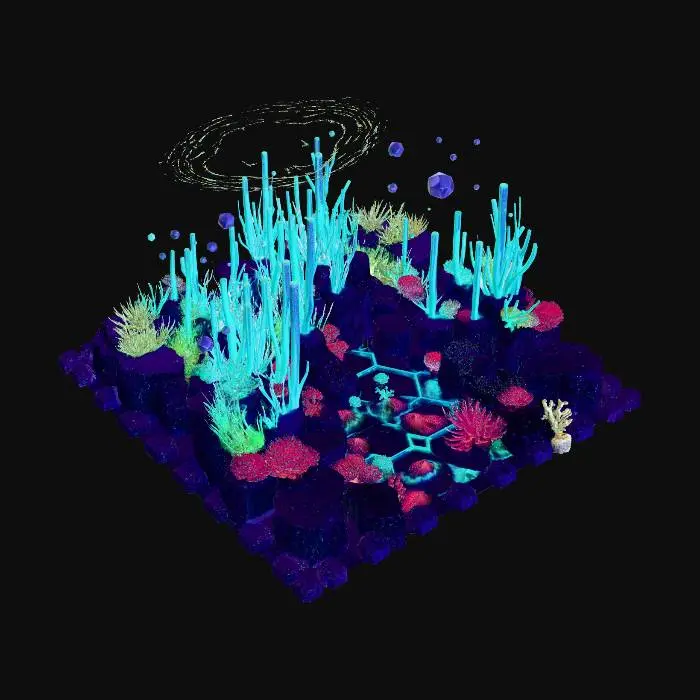 3D model for A highly detailed 3D diorama of a deep-sea geometric alien grassland. The terrain consists of hexagonal basalt columns and glowing cyan grid lines. The grass is made of translucent, fractal-like crystalline structures and neon bioluminescent tubes. Polyhedral corals and metallic floating anemones. Deep ocean environment, bioluminescent lighting, underwater caustics. PBR textures, subsurface scattering, glowing emission maps, Unreal Engine 5 style, sci-fi game asset, masterpiece, ultra-detailed.