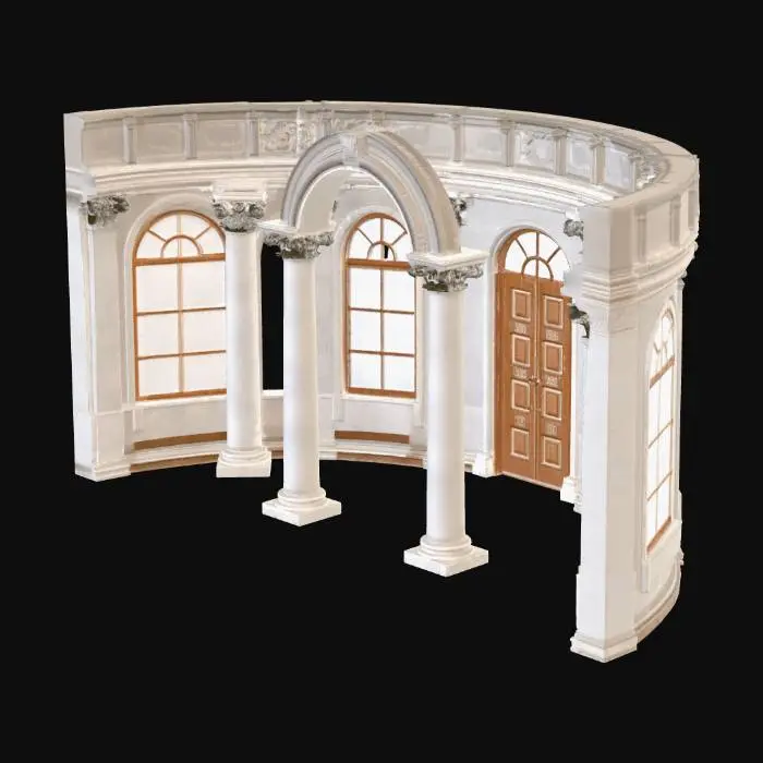 3D model for An architectural column and archway set for a circular hall, made of pale, polished stone, featuring decorative capitals and large arched window frames.