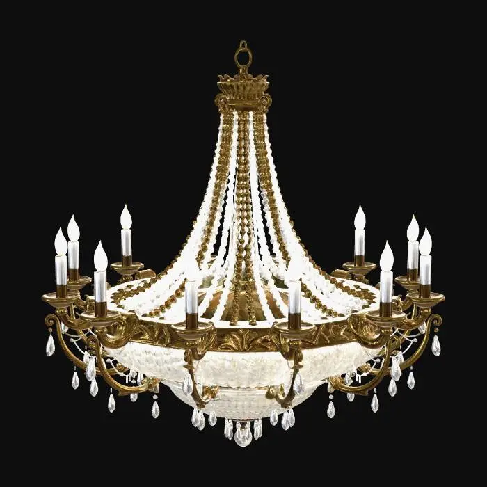 3D model for A large, ornate, multi-tiered antique crystal and brass chandelier designed for suspension from a central dome, with numerous candle-style or electric bulbs.