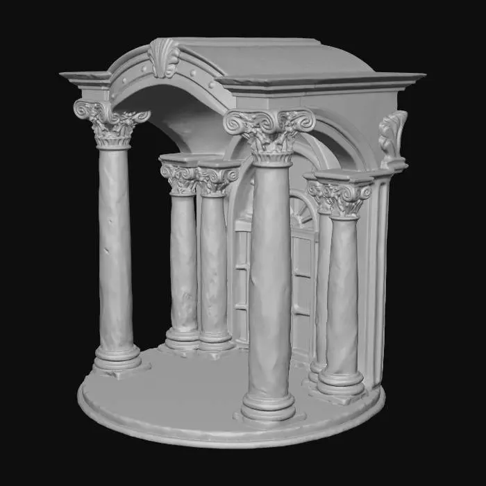 3D model for An architectural column and archway set for a circular hall, made of pale, polished stone, featuring decorative capitals and large arched window frames.