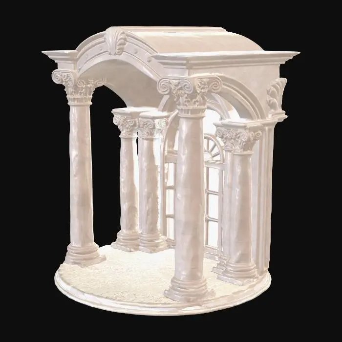 3D model for An architectural column and archway set for a circular hall, made of pale, polished stone, featuring decorative capitals and large arched window frames.