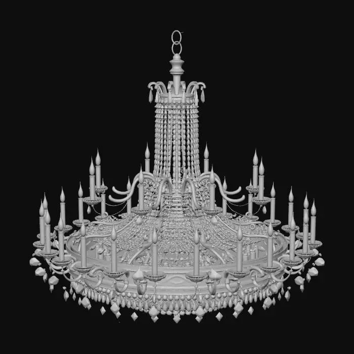 3D model for A large, ornate, multi-tiered antique crystal and brass chandelier designed for suspension from a central dome, with numerous candle-style or electric bulbs.