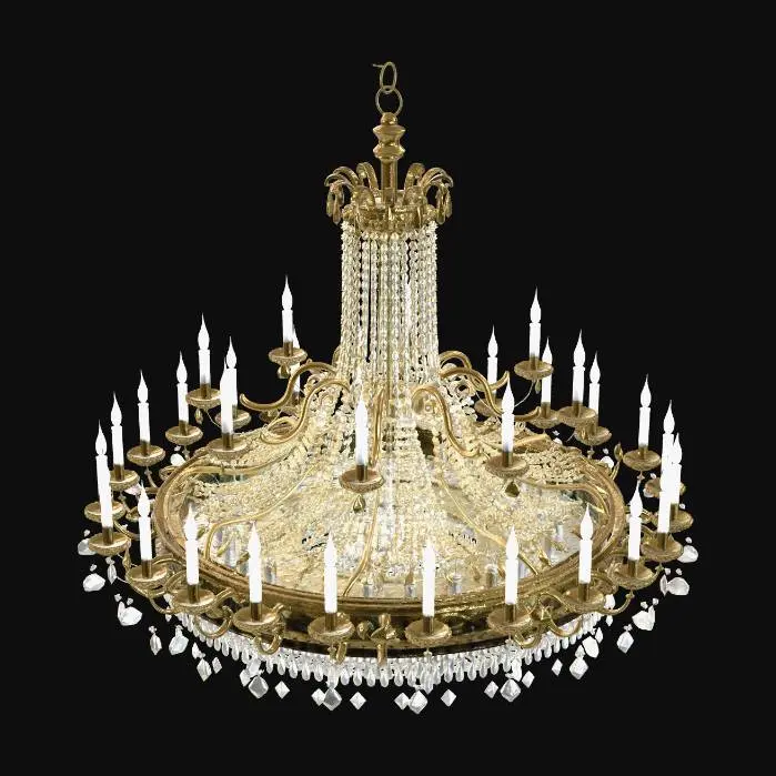 3D model for A large, ornate, multi-tiered antique crystal and brass chandelier designed for suspension from a central dome, with numerous candle-style or electric bulbs.