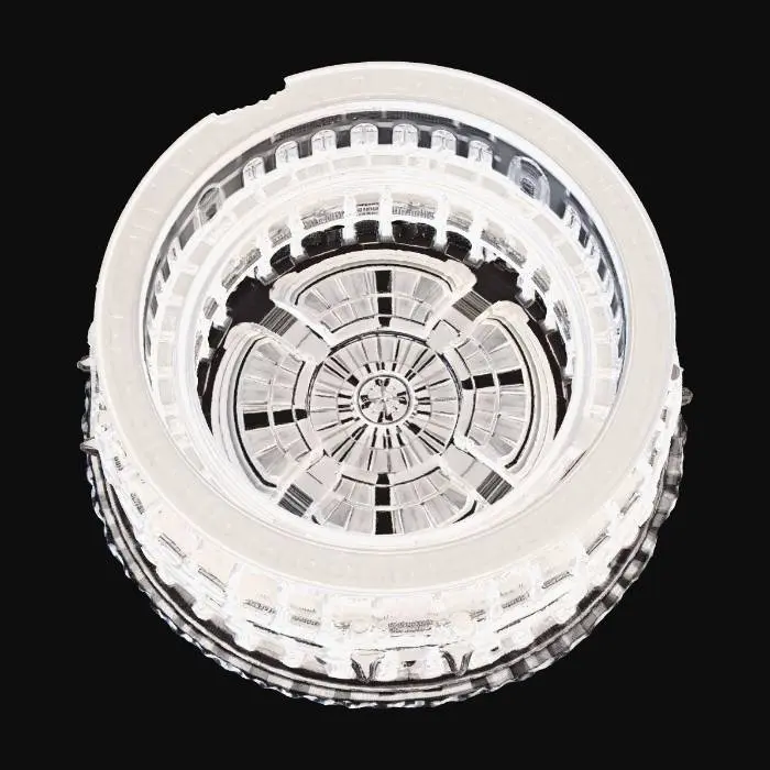 3D model for 3D environment model of a grand, detailed circular library grand hall. Multi-tiered structure (3-4 floors) with white stone walls, polished marble floors with inlaid geometric patterns, numerous arched windows, and a massive central glass dome ceiling. The dome has an open sky view and features a large central skylight. The floor has an intricate compass rose design. Stairs, balconies with detailed railings, and arches are intricately arranged throughout the space.