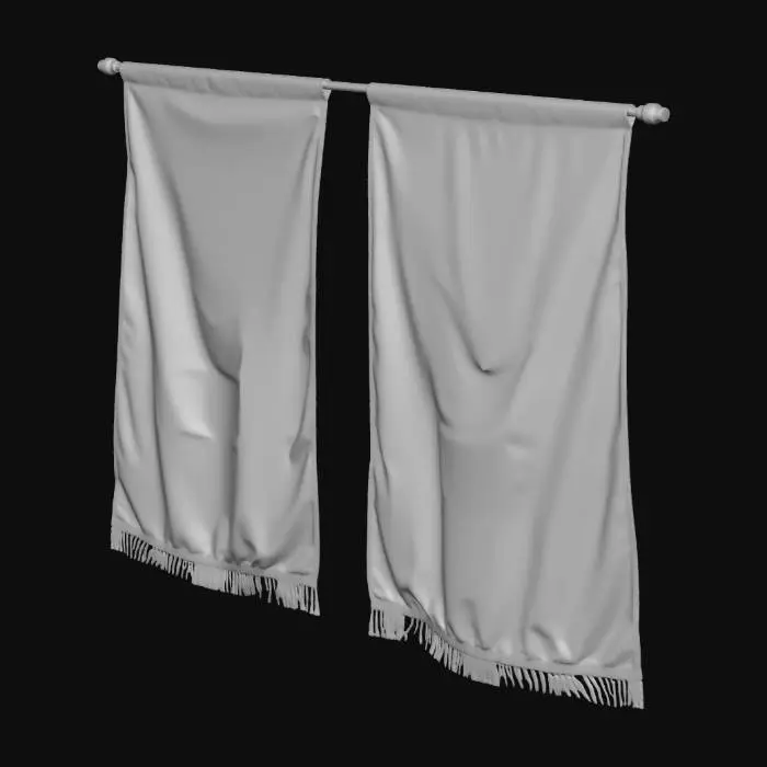 3D model for 3D model of blue fabric banners suspended from the library ceiling. They are made of aged, heavy blue cloth. Each banner features a complex, embroidered golden crest (a stylized sun and compass rose pattern) at its center, surrounded by other smaller heraldic details. The fabric should show wear and texture.