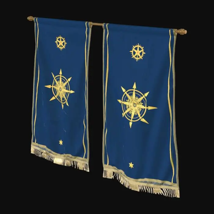 3D model for 3D model of blue fabric banners suspended from the library ceiling. They are made of aged, heavy blue cloth. Each banner features a complex, embroidered golden crest (a stylized sun and compass rose pattern) at its center, surrounded by other smaller heraldic details. The fabric should show wear and texture.