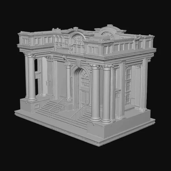 3D model for school entrance, wide stairs, glass doors, pillars, symmetrical design, academic architecture, detailed