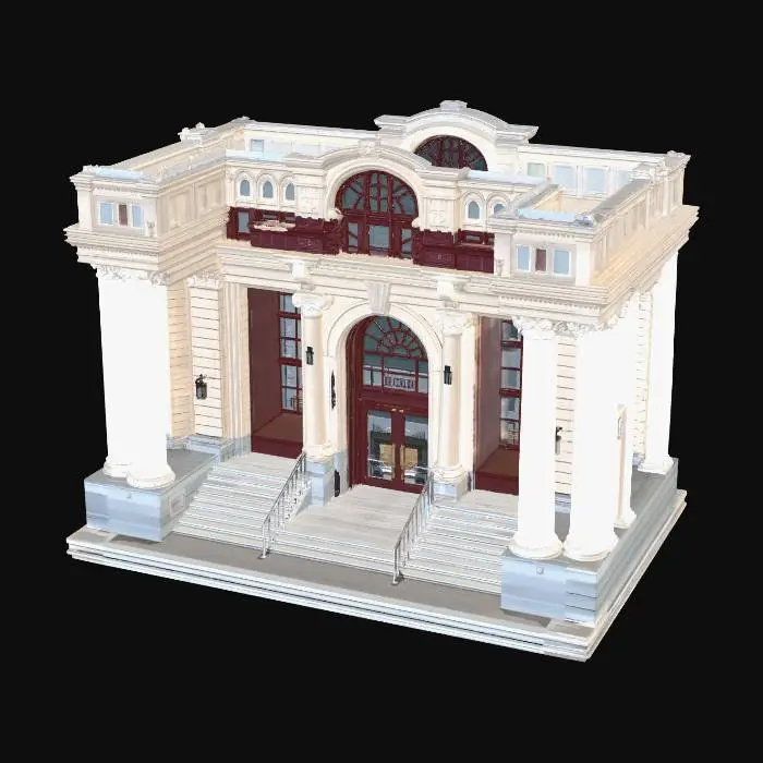 3D model for school entrance, wide stairs, glass doors, pillars, symmetrical design, academic architecture, detailed