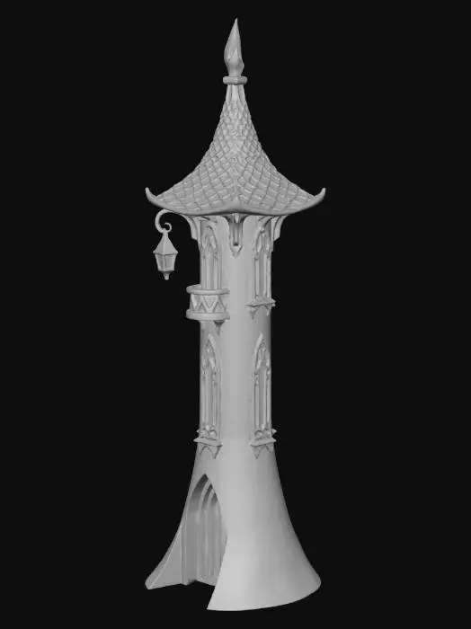 3D model for Elven tower with windows and a lamp handing in the top. The roof has got tiles and on top of the roof there are some details that remind of a phoenix.