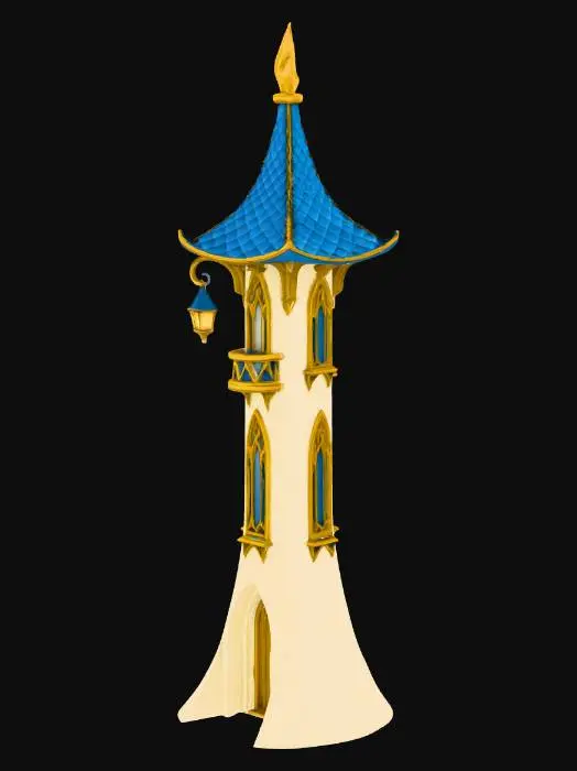 3D model for Elven tower with windows and a lamp handing in the top. The roof has got tiles and on top of the roof there are some details that remind of a phoenix.