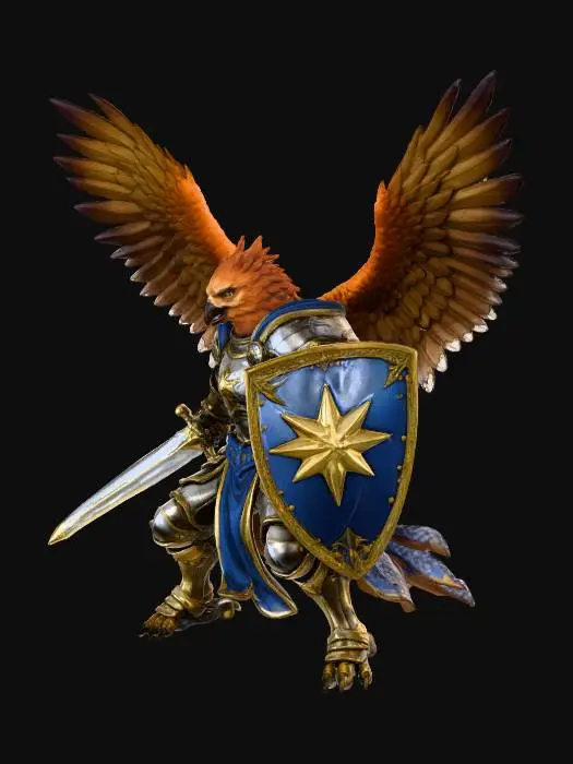 3D model for Bird warrior wearin a shield and has got a long sword and 2 wings fully opened