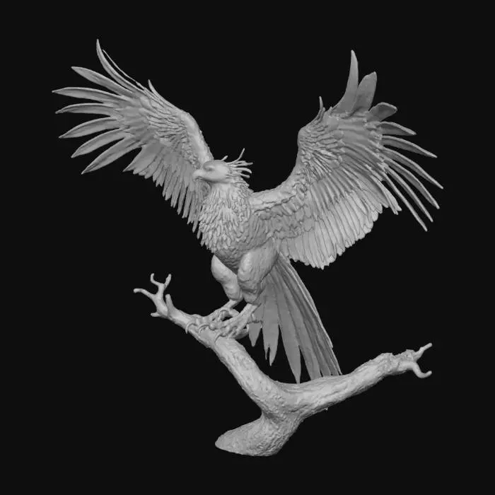 3D model for Generate a phoenix eagle very highly detailed with open wings and closed beak. The feathers must be highly detailed too. Very big. The phoenix claws are on a tree brach. The phoenix is holding on a treebranch. DO NOT include any other background. The Phoenix does not wear any armour. The tail is long and is handing and curving, but does NOT GO BELOW THE TREEBRANCH