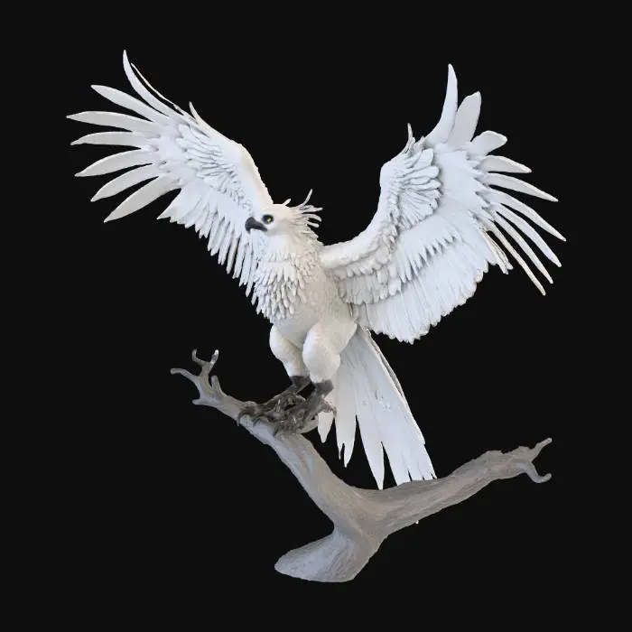 3D model for Generate a phoenix eagle very highly detailed with open wings and closed beak. The feathers must be highly detailed too. Very big. The phoenix claws are on a tree brach. The phoenix is holding on a treebranch. DO NOT include any other background. The Phoenix does not wear any armour. The tail is long and is handing and curving, but does NOT GO BELOW THE TREEBRANCH