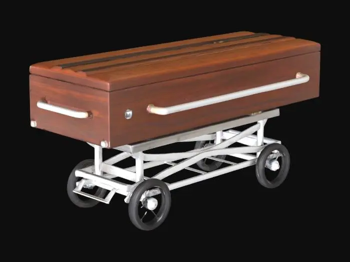 3D model for Simple modern wooden casket on a metal casket transport cart