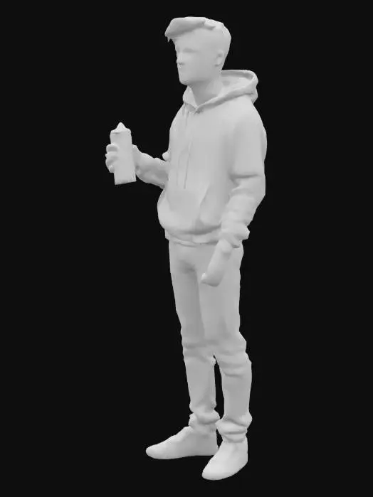 3D model for Young man with an extremely detailed and accurate face, wearing a dark hoodie, blue jean trousers, tennis shoes and holding up a commercial aluminum metal spray can in front of him. Trouser cloth is the same color on all sides. Hoodie cloth is the same color on all sides. Hands are bare skin.