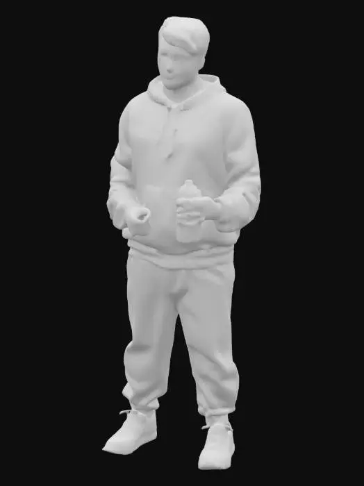 3D model for Young Hispanic man with a very detailed and acurate face, wearing a gray hoodie over his head, gray sweat pants, white athletic shoes and holding up a Krylon brand metal spray can in his right hand at head level. Sweat pant cloth is the same color on all sides. Hoodie cloth is the same color on all sides. Hands are bare skin from the wrist to the finger tips.