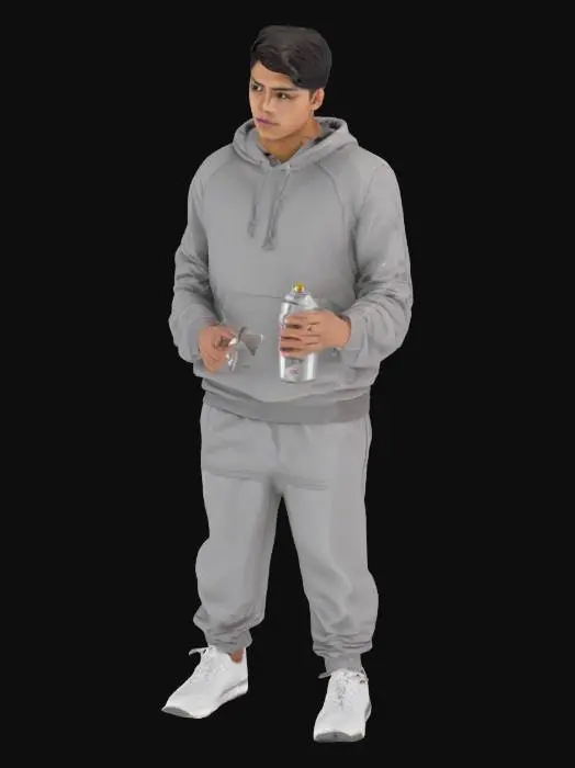 3D model for Young Hispanic man with a very detailed and acurate face, wearing a gray hoodie over his head, gray sweat pants, white athletic shoes and holding up a Krylon brand metal spray can in his right hand at head level. Sweat pant cloth is the same color on all sides. Hoodie cloth is the same color on all sides. Hands are bare skin from the wrist to the finger tips.