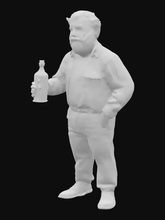 3D model for A full bodied old male who is drunk and standing upright and holding a pint sized whisky bottle.