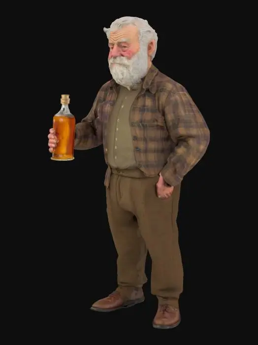3D model for A full bodied old male who is drunk and standing upright and holding a pint sized whisky bottle.