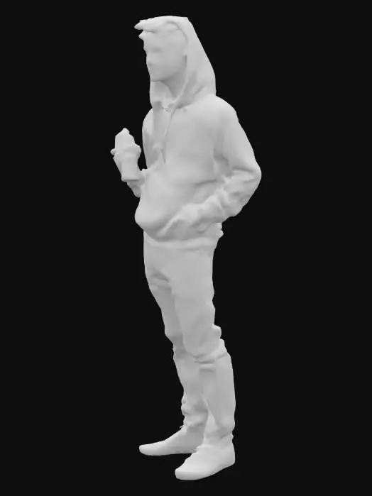 3D model for Young man with an extremely detailed and accurate face, wearing a dark hoodie, blue jean trousers, tennis shoes and holding up a commercial aluminum metal spray can in front of him. Trouser cloth is the same color on all sides. Hoodie cloth is the same color on all sides. Hands are bare skin.