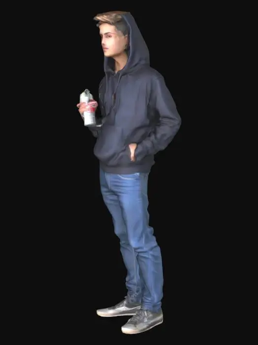 3D model for Young man with an extremely detailed and accurate face, wearing a dark hoodie, blue jean trousers, tennis shoes and holding up a commercial aluminum metal spray can in front of him. Trouser cloth is the same color on all sides. Hoodie cloth is the same color on all sides. Hands are bare skin.