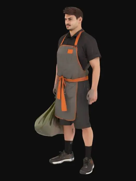 3D model for A full body male restaurant worker taking out the garbage.