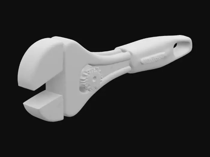 3D model for A Milwaukee-style mini adjustable wrench with flexi parts and spinning gear, 3D printable desk toy. Red and silver, functional fidget item.