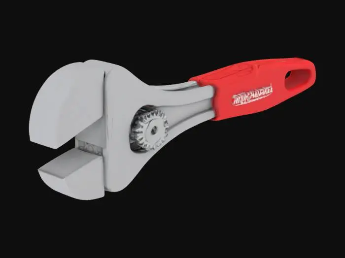 3D model for A Milwaukee-style mini adjustable wrench with flexi parts and spinning gear, 3D printable desk toy. Red and silver, functional fidget item.