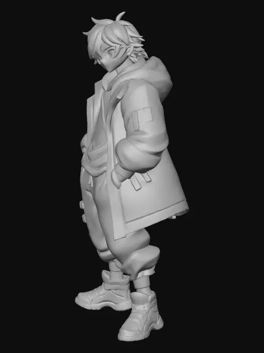 3D model for A full body 3D character model of a VRChat e-boy avatar in a standing A-pose. The style is stylized anime with sharp features. He has medium-length, messy, layered hair that is split-dyed half black and half silver-white, with bangs partially covering one eye. Pale skin with piercings on ears and lower lip. He wears an oversized, distressed black techwear hoodie with white Japanese streetwear graphics, open to reveal a layered mesh shirt and a spiked choker necklace underneath. Numerous silver chains and straps hang from his belt and cargo pants. The pants are baggy black techwear trousers tucked into chunky platform combat boots with metal buckles. Fingerless gloves on hands. Moody, cyberpunk streetwear vibe. Clean topology, game-ready character asset.