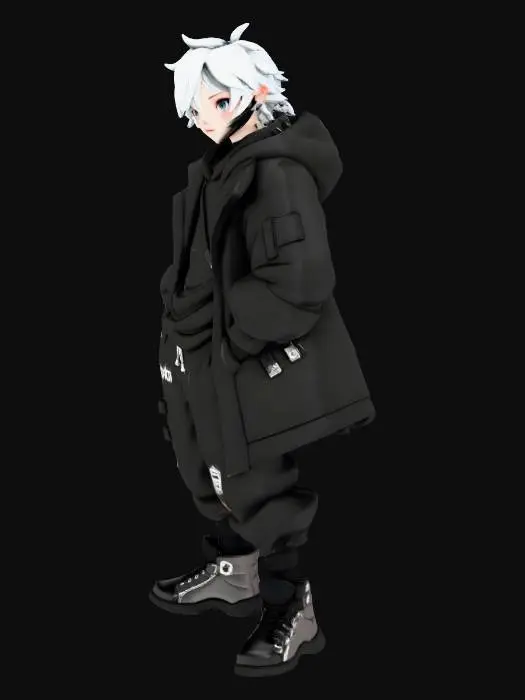 3D model for A full body 3D character model of a VRChat e-boy avatar in a standing A-pose. The style is stylized anime with sharp features. He has medium-length, messy, layered hair that is split-dyed half black and half silver-white, with bangs partially covering one eye. Pale skin with piercings on ears and lower lip. He wears an oversized, distressed black techwear hoodie with white Japanese streetwear graphics, open to reveal a layered mesh shirt and a spiked choker necklace underneath. Numerous silver chains and straps hang from his belt and cargo pants. The pants are baggy black techwear trousers tucked into chunky platform combat boots with metal buckles. Fingerless gloves on hands. Moody, cyberpunk streetwear vibe. Clean topology, game-ready character asset.