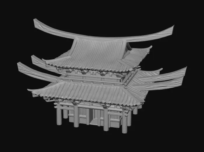 3D model for 风格化多层红黑色日本寺庙，长长屋顶顶梁