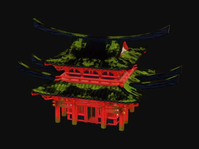 3D model for 风格化多层红黑色日本寺庙，长长屋顶顶梁