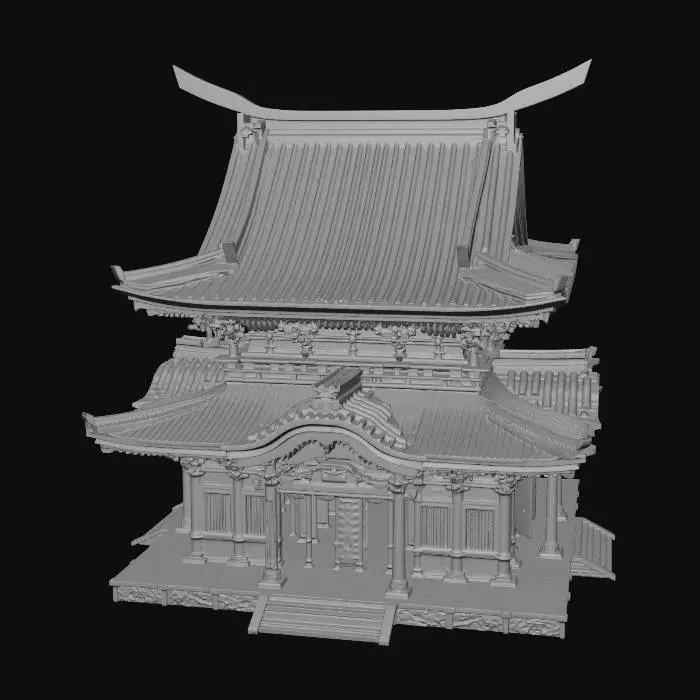 3D model for 风格化多层红黑色日本寺庙，长长屋顶顶梁