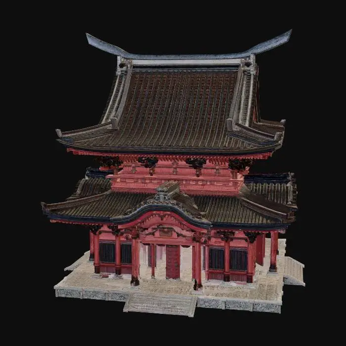 3D model for 风格化多层红黑色日本寺庙，长长屋顶顶梁