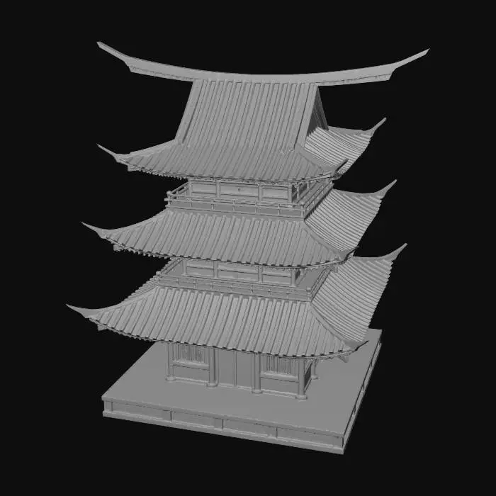 3D model for 风格化多层红黑色日本寺庙，长长屋顶顶梁