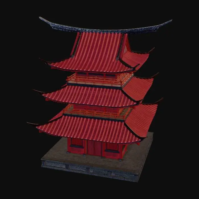 3D model for 风格化多层红黑色日本寺庙，长长屋顶顶梁