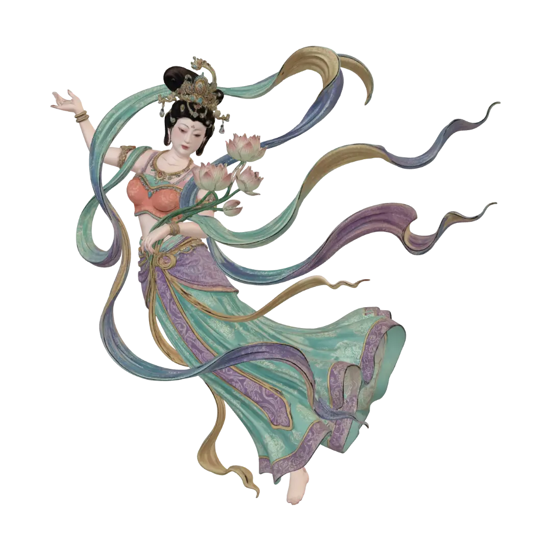 A central, full-body depiction of a single, ornate Chinese flying Apsara fairy,… - Dance model 3D, wygenerowany przez AI
