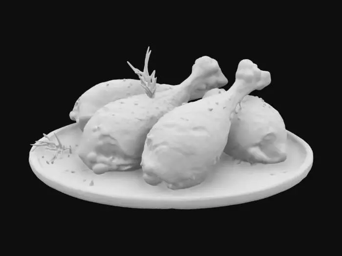 3D model for A plate of golden-brown roasted chicken drumsticks, crispy on the outside and juicy inside, garnished with fresh rosemary and thyme. Served with buttery mashed potatoes, roasted garlic, and a drizzle of rich gravyA plate of golden-brown roasted chicken drumsticks, crispy on the outside and juicy inside, garnished with fresh rosemary and thyme. Served with buttery mashed potatoes, roasted garlic, and a drizzle of rich gravy