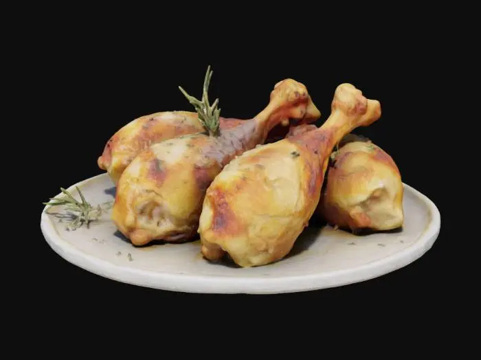 3D model for A plate of golden-brown roasted chicken drumsticks, crispy on the outside and juicy inside, garnished with fresh rosemary and thyme. Served with buttery mashed potatoes, roasted garlic, and a drizzle of rich gravyA plate of golden-brown roasted chicken drumsticks, crispy on the outside and juicy inside, garnished with fresh rosemary and thyme. Served with buttery mashed potatoes, roasted garlic, and a drizzle of rich gravy