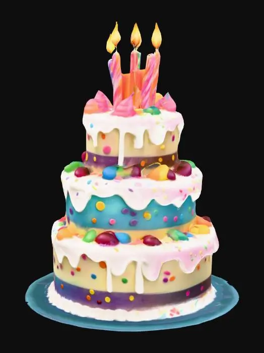 3D model for Brithday cake, cartoony, colorful, cake, 
