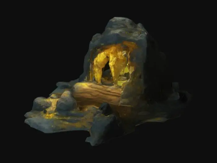 3D model for A rock cave with an entrance way and and the inside is #bioluminesant gold, high resolution 4k textures. Bright colors