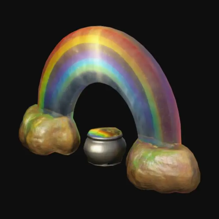 3D model for A rainbow with pot of gold at the end of the rainbow, high resolution and 4k textures with #bioluminesant in it, bright colors on all sides
