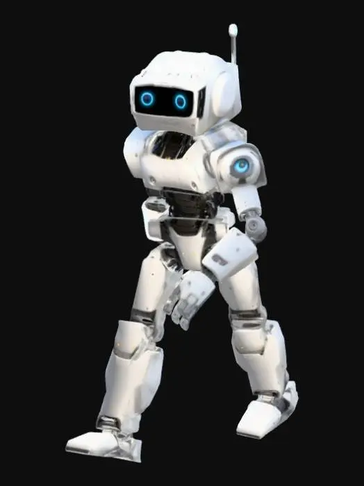 3D model for 3D model of a modular humanoid robot game character, designed for third-person Unity game. The robot should have a friendly but slightly worn-down look, with visible joints, simple boxy limbs, and a glowing eye or visor. Each body part (legs, arms, torso, head) should be clearly separated for animation purposes. The design should be minimal, stylized, with smooth geometric shapes, colors like gray, orange, and light blue. Game-ready proportions, standing pose.