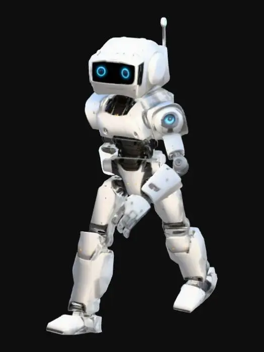3D model for 3D model of a modular humanoid robot game character, designed for third-person Unity game. The robot should have a friendly but slightly worn-down look, with visible joints, simple boxy limbs, and a glowing eye or visor. Each body part (legs, arms, torso, head) should be clearly separated for animation purposes. The design should be minimal, stylized, with smooth geometric shapes, colors like gray, orange, and light blue. Game-ready proportions, standing pose.