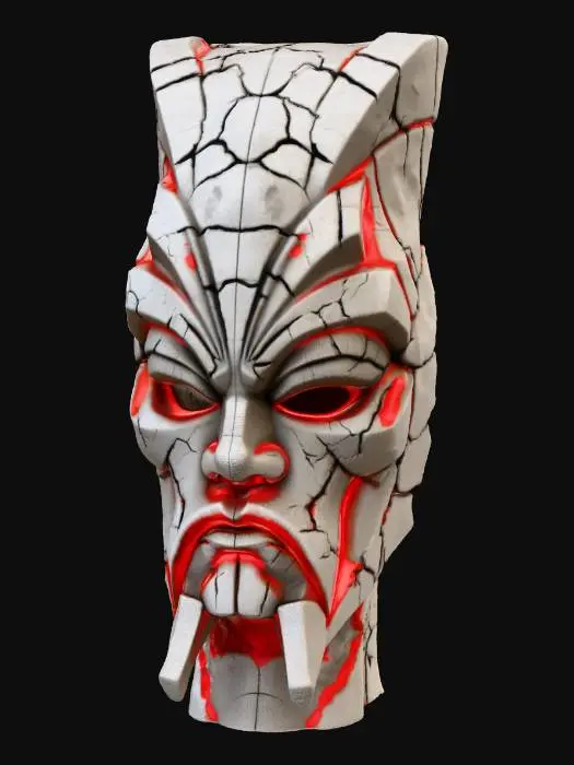 3D model for A giant ancient warrior mask sculpted from solid cracked stone, with deep carved angular geometry lines. Half of the mask is broken away, revealing glowing magma veins within the cracks. Texture is ultra realistic rock with micro-chips, erosion, dust buildup in corners. Heavy weight feeling, strong silhouette, symmetrical main structure, cinematic god-relic vibe, highly detailed and believable.