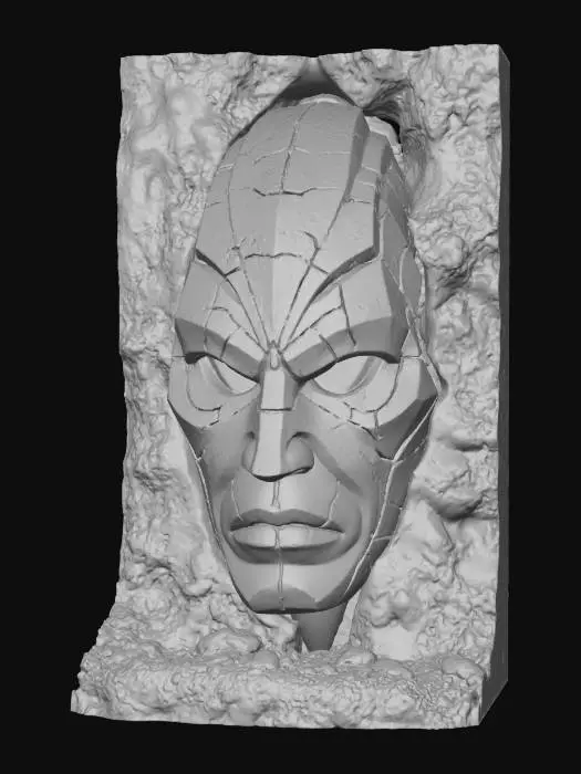 3D model for A giant ancient warrior mask sculpted from solid cracked stone, with deep carved angular geometry lines. Half of the mask is broken away, revealing glowing magma veins within the cracks. Texture is ultra realistic rock with micro-chips, erosion, dust buildup in corners. Heavy weight feeling, strong silhouette, symmetrical main structure, cinematic god-relic vibe, highly detailed and believable.