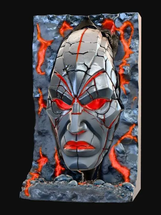 3D model for A giant ancient warrior mask sculpted from solid cracked stone, with deep carved angular geometry lines. Half of the mask is broken away, revealing glowing magma veins within the cracks. Texture is ultra realistic rock with micro-chips, erosion, dust buildup in corners. Heavy weight feeling, strong silhouette, symmetrical main structure, cinematic god-relic vibe, highly detailed and believable.