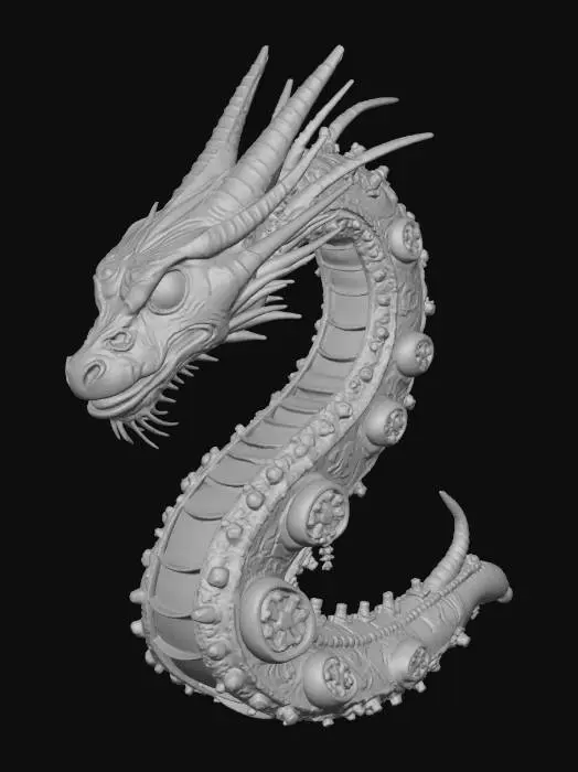 3D model for A highly detailed fantasy sculpture of a giant serpent made from broken antique clock parts and gold gears, wrapping around an invisible floating core, hyper realistic metal textures, floating gears orbiting around it, glowing gemstone eyes, premium art museum sculpture, dramatic lighting, strong geometric structure, highly detailed, printable