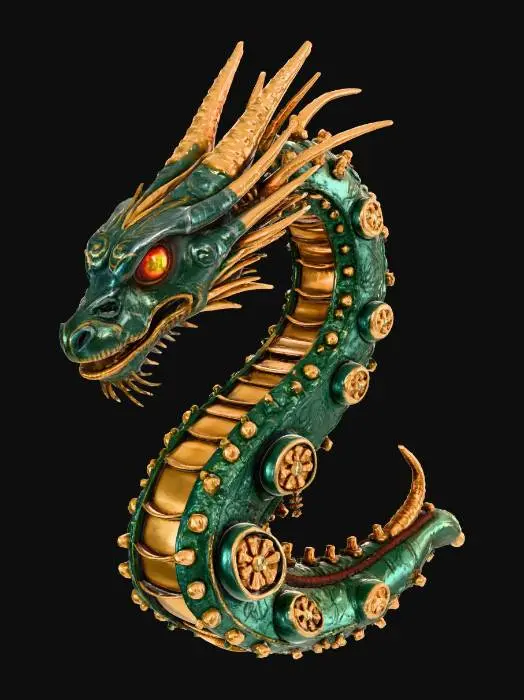 3D model for A highly detailed fantasy sculpture of a giant serpent made from broken antique clock parts and gold gears, wrapping around an invisible floating core, hyper realistic metal textures, floating gears orbiting around it, glowing gemstone eyes, premium art museum sculpture, dramatic lighting, strong geometric structure, highly detailed, printable