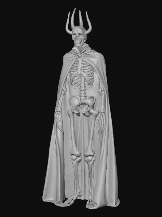 3D model for tall terrifying skeletal king wearing a cracked stone crown fused into its skull, hollow ribcage with a swirling void of darkness inside, cloak made of shadow-like torn material, long bone claws, faint smoke leaking from eye sockets, gothic horror aesthetic, ancient undead god vibe, highly detailed bones and weathered textures, cinematic dark lighting, ultra realistic high detail horror creature